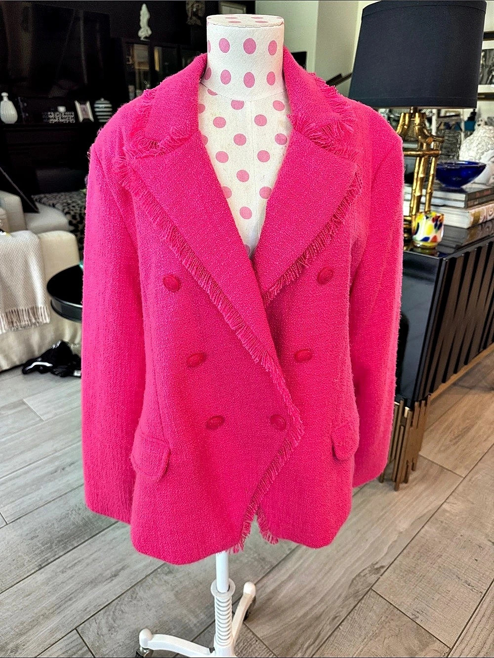 Steve Madden Naomi Fringed Tweed Blazer Pink Fringe Double-Breasted Jacket
